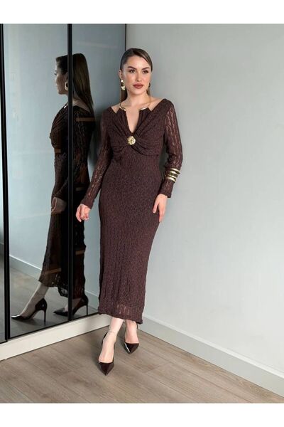 maf collection Women's Buckled Draped Brown Long Lined Evening Dress Graduati...