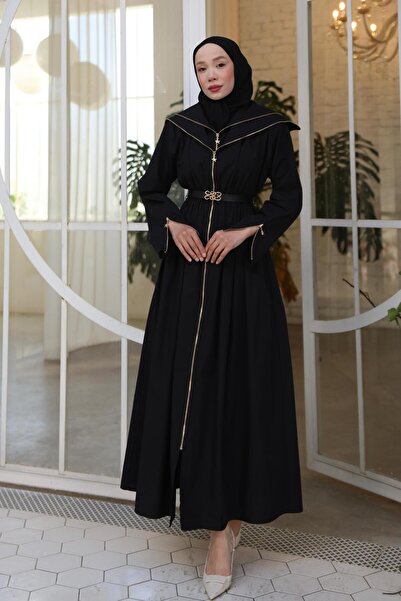 HOPEFUL DESİGN Women's Belted Zippered Long Dress Brown-Cream-Light Brown-Kha...