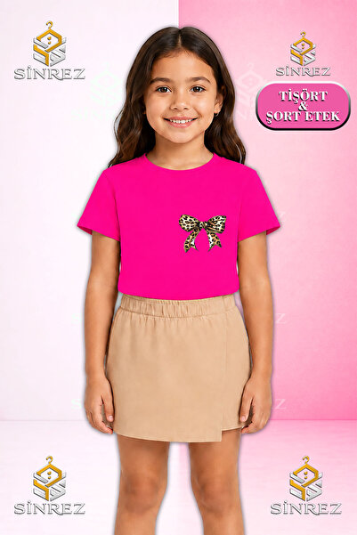 SİNREZ Girl's Set Ribbon Leopard Pattern Top Printed Short Sleeve T-Shirt Sho...