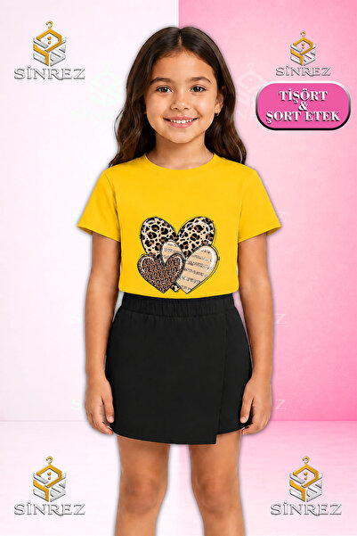 SİNREZ Set pentru fete CU IMprimeu CU INIMI LEOPARD Tricou cu mânecă scurtă F...
