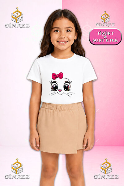 SİNREZ Set pentru fete CAT EYE PMBE KURDALE Tricou cu mânecă scurtă imprimat ...