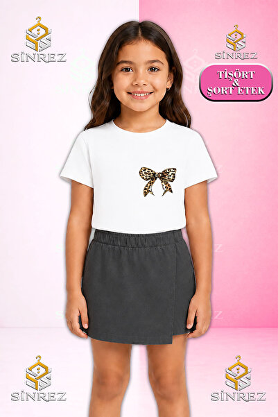 SİNREZ Girl's Set Ribbon Leopard Pattern Top Printed Short Sleeve T-Shirt Sho...