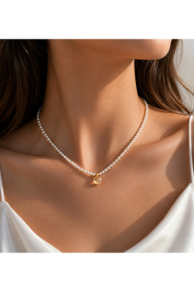 Helen Atelier Octagon Taşlı Kristal Beyaz İnci Kolye