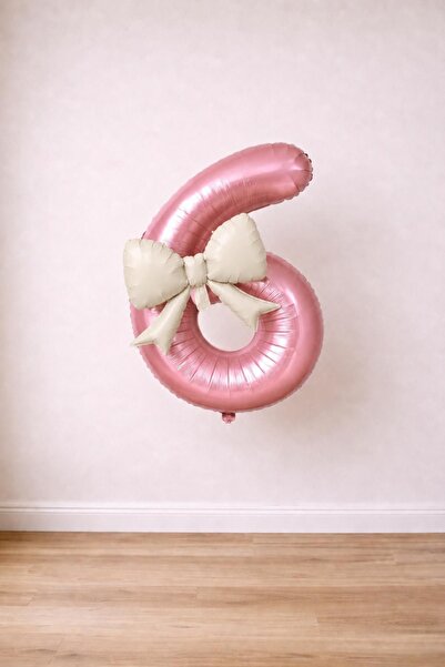 Patladı Gitti Cream Bow & Pink 6 Number Foil Balloon Set
