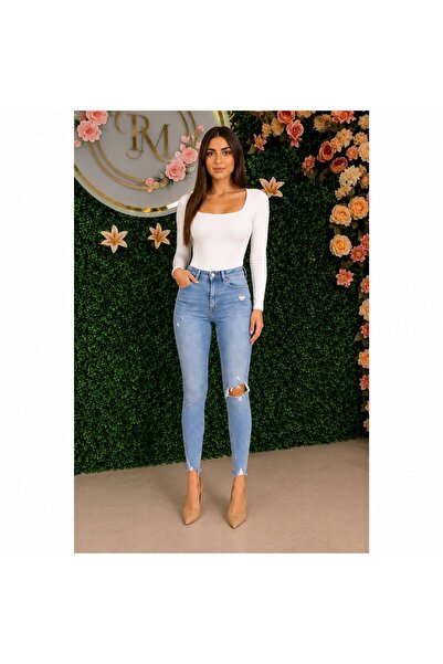 Roza Moda Collection Kadın Açık Mavi Paça ve Diz Yırtık Detaylı Yüksek Bel Sk...