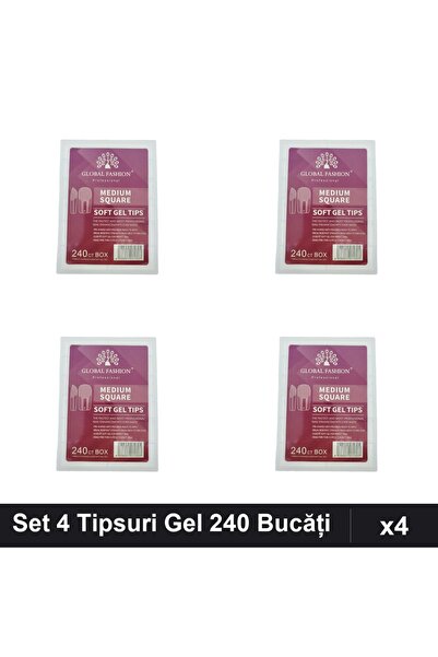 global fashion Set 4 Tipsuri Gel 240 Buc, 12 Mărimi, Formă Pătrat Mediu, Mani...
