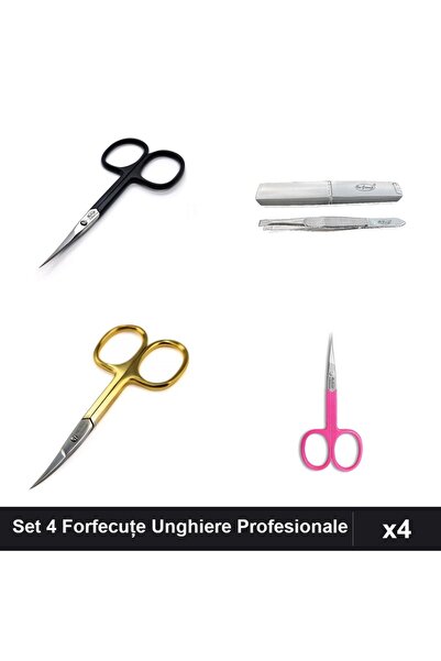 One Group Set 4 Forfecuțe și Pensetă Unghiere Profesionale, Negru Gold Roz,