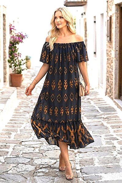 MODANI SEÇ Black Authentic Patterned Madonna Collar Dress