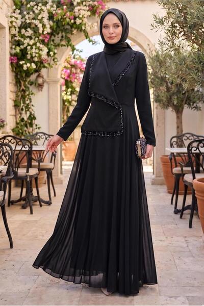TRENDTESETTÜR KADIN SİYAH BONCUK DETAYLI ABİYE ELBİSE T 9884