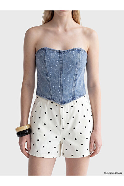LC Waikiki Nevavm Strapless Neckline Stoned Crop Jean Blouse with a Difference