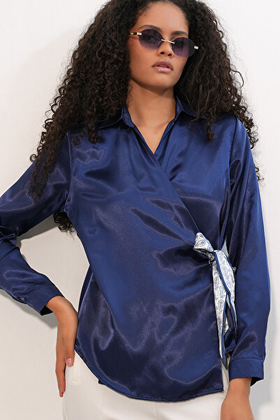 Bigdart Women's Double-Breasted Satin Shirt 20386 - Navy Blue