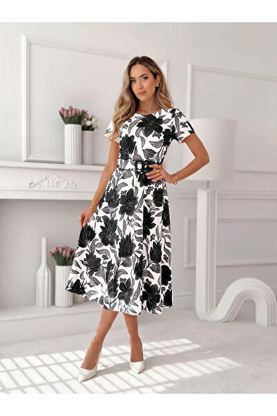 OEM Rochie midi eleganta dama cu imprimeu floral, maneca scurta si cordon in ...