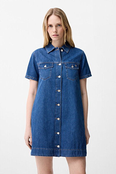 adL Lacivert Cepli Denim Elbise