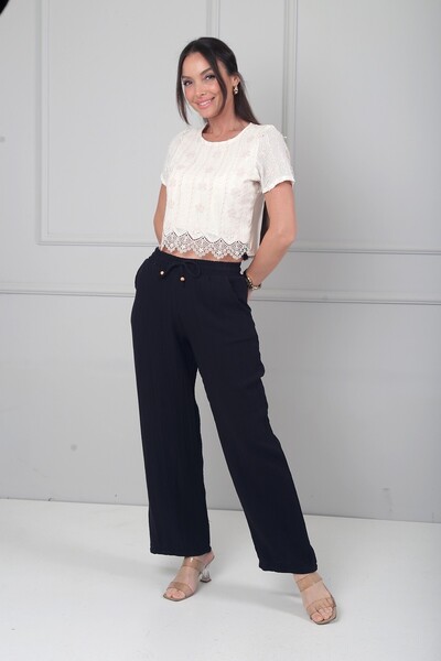 By Saygı Women's Elastic Waist Muslin Wide Leg Pants with Pockets