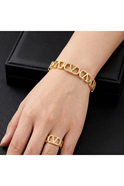 Generic V Logo Crystal Jewelry Set for Women - Gold & Silver Tone Bracelet & ...