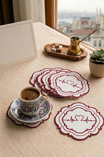 BaksLiving 6 Adet Çift Sıra Kırmızı Nakış işlemeli Ritim Model Çeyizlik Kahve...