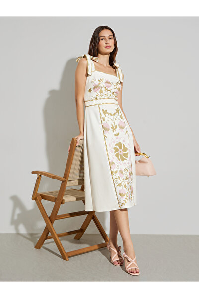 Styli White Floral Midi Dress with Tie-Strap
