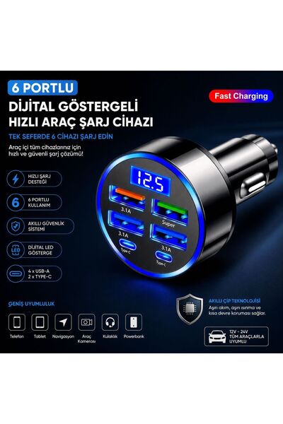 KARATAŞ AUTO SHINE Araç İçi 6 Portlu Hızlı Şarj Cihazı LED Dijital Göstergeli...