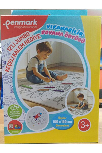 150cmx100cm-Eğitici Yıkanabilir Boyama Örtüsü 12'li Keçeli Kalem Hediyeli Boya Yıka Tekrar Boya