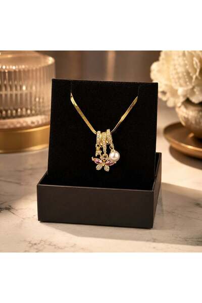Bk Gift Pearl Detailed Butterfly Women's Necklace - Non-Tarnishing Gold Steel...