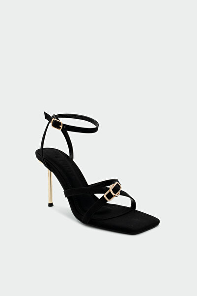 LAMİNTA Norve Women's Black Heeled Shoes with Stone Buckle