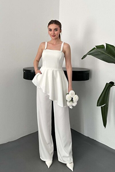 Elbee Fashion Woman Ekru Volanlı Bluz Ve Pantolon Takım
