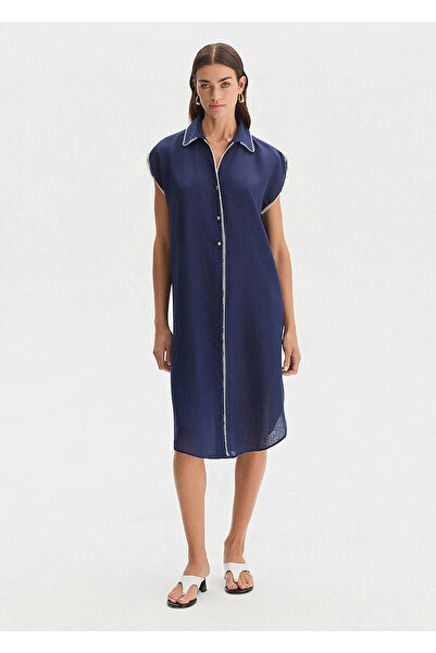Knitss Navy Blue Linen Tunic with Contrast Detail