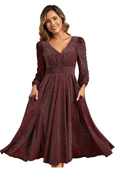 Other Ever-Pretty Women's Wedding Guest Dress Midi V Neck Long Sleeves Cockta...