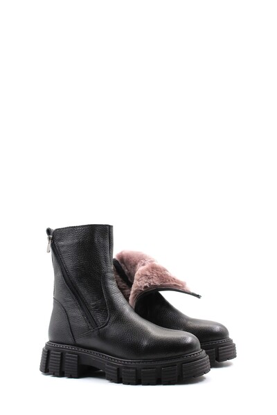 MirgeShoes Siyah Fermuarlı Kadın Klasik Bot İçi Kürklü Dışı Hakiki Floter Der...
