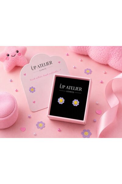 Up Atelier 925 Ayar Gümüş Mor Çiçekli Çocuk Küpesi