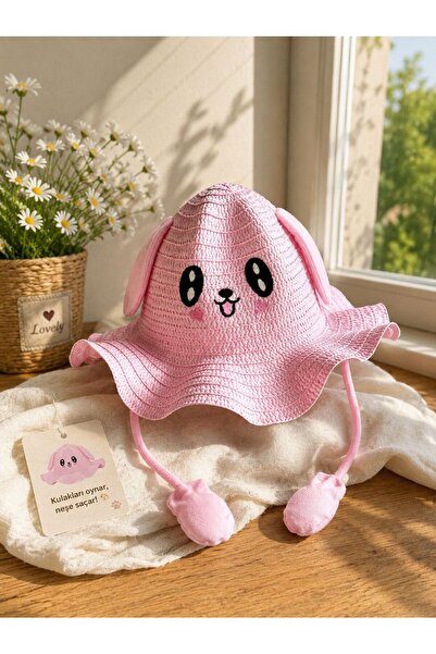 VERA HOUSE Children's Beach Hat with Moving Ears - Straw Sun Hat with Cute Fi...