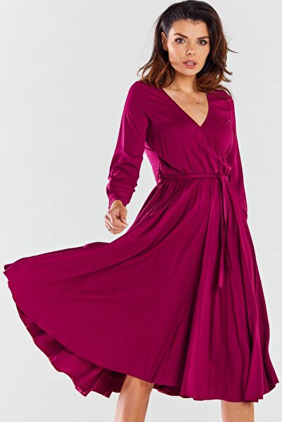 Awama Women's dress, awama, V-neck, with belt, Polyester, Bordeaux, S