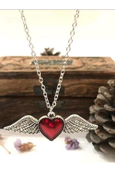 Corvus kolye&bileklik Red Vintage Winged Heart Necklace