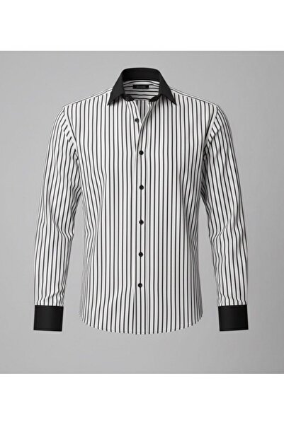 BAYIM Dikey Çizgili Tasarım Kontrast Yaka Casual Slim Fit Erkek Gömlek