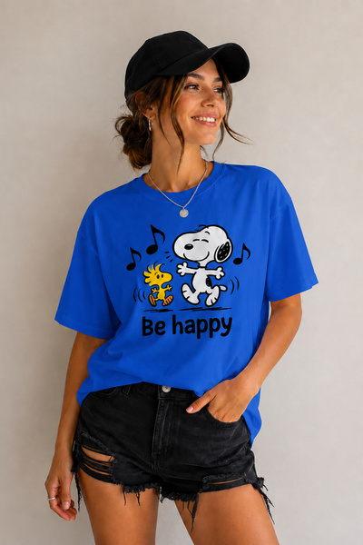 ArtYus Унисекс овърсайз тениска с принт  "Be Happy " – Памучна ежедневна тени...