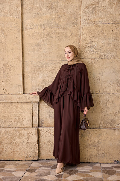LOCCO Women's Pleated Detail Chiffon Suit with Trousers Brown