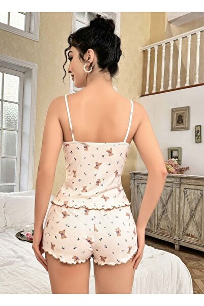 Sepetink طقم بيجامة نسائي منقوش على شكل دب مع شورت 5179