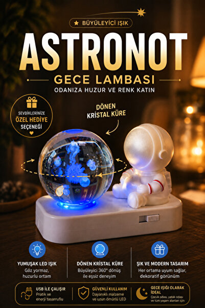 BENT Dönen Kristal Küre Astronot Gece Lambası LED Dekoratif Masa Lambası Uzay...