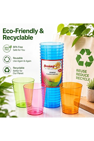 Sunny Your Bright choice Sunny Colored Reusable Plastic Cups 8oz – 25 PCS Transparent Colored Drinking Cups for Juice, Water & Soft Drinks | Recyclable BPA-Free Party Cups (Blue)