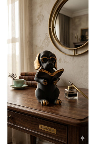 prestij3d design Siyah Gold Gözlüklü Kitap Okuyan Köpek Biblo - Sevimli Hayva...