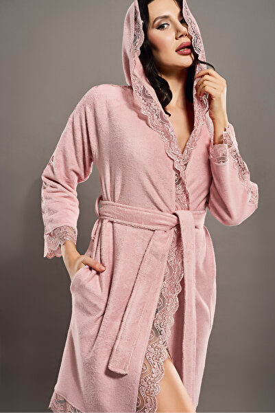 Nuşa Luxury Hooded Cotton Lace Women's Bathrobe Soft Textured Stylish