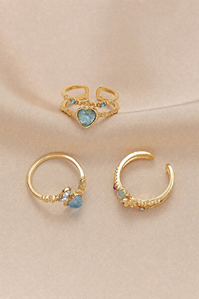 The Collection 3'lü Mavi Taşlı Kombin Ay yıldız kelebek Pinterest Tasarım Gold Yüzük Set