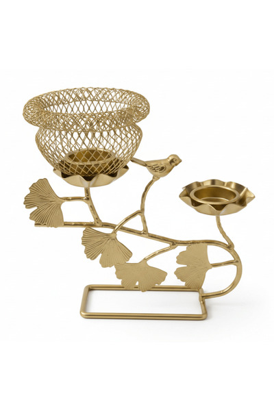 AKDC Golden Bird Nest Candle Holder | Dual Tealight Stand | Ginkgo Leaf Desig...