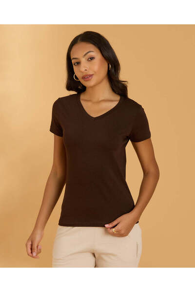 REDTAG Women Brown V Neck T Shirt