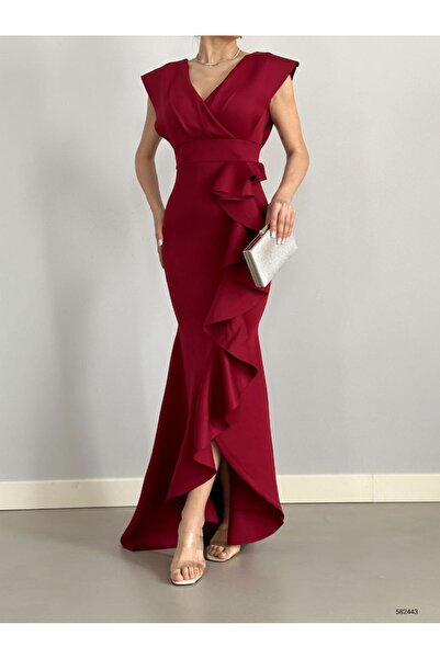 merlavin Women's double-breasted collar flounced evening dress