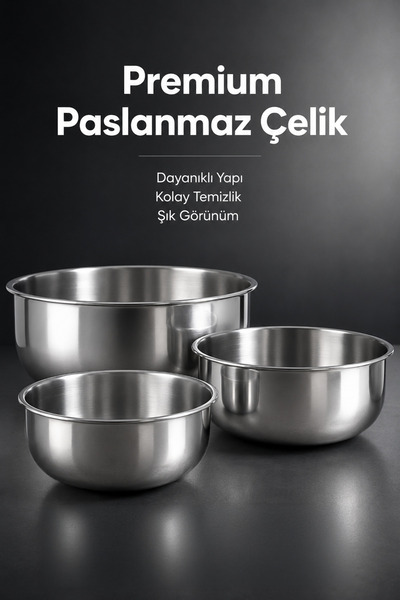 Vienev 3'lü Paslanmaz Çelik Karıştırma Kabı Seti - 1200-2500-4000 ml Metal Kase Takımı