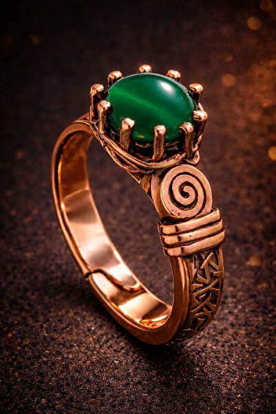 İyyaKee Handmade Green Agate Stone Copper Ring 9.5mm Natural Stone Anti-Aller...