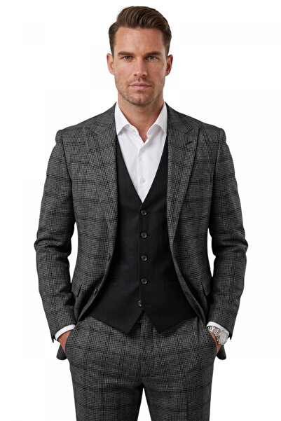 DeepSEA Costum bărbătesc antracit slim fit în carouri, 3 piese – Costum cu mo...