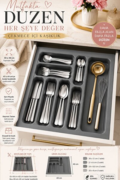 MEGAHOME STORE A Kalite Gri Renk Çekmece içi Kaşıklık ve Kepçelik Düzenleyici...