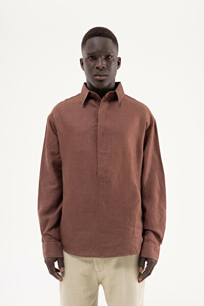 Machinist Men's Basic Linen Shirt Brown